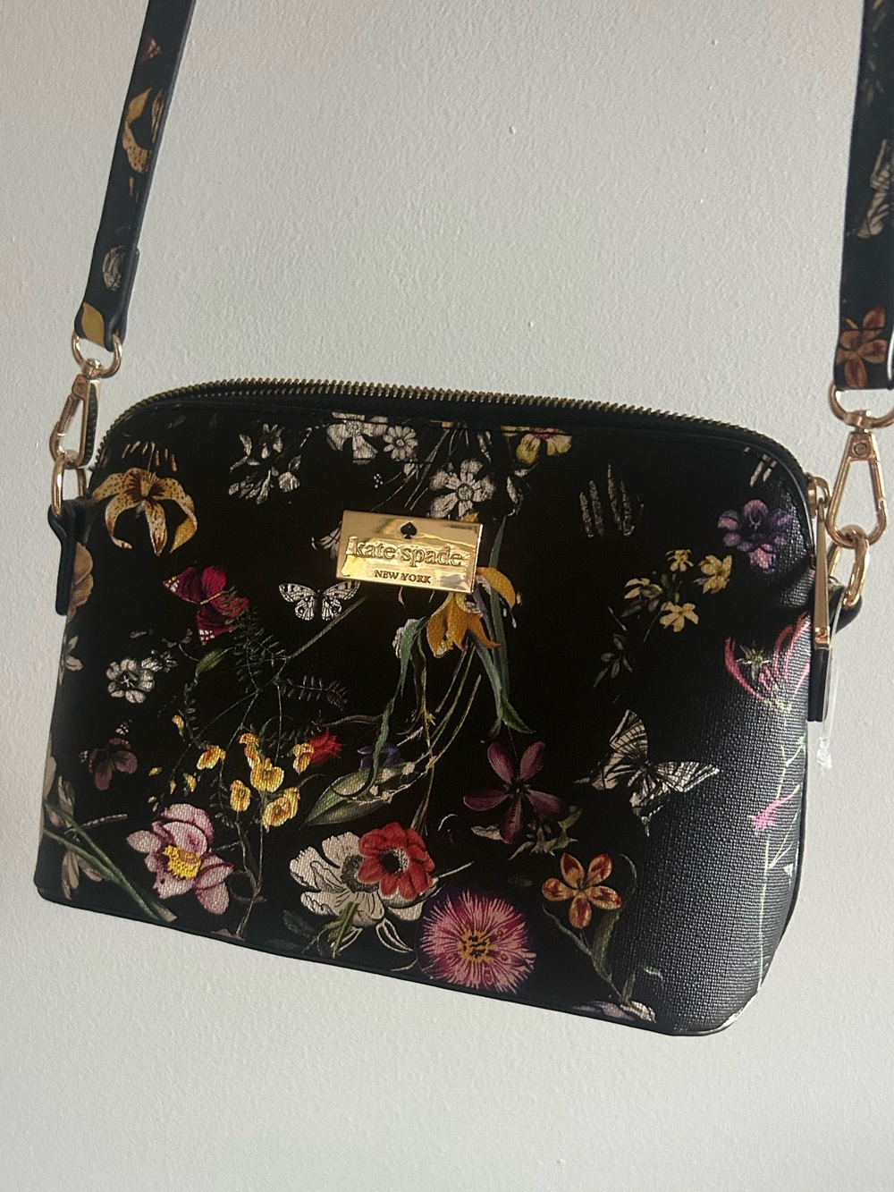 kate spade Black Floral Crossbody with Gold Hardware